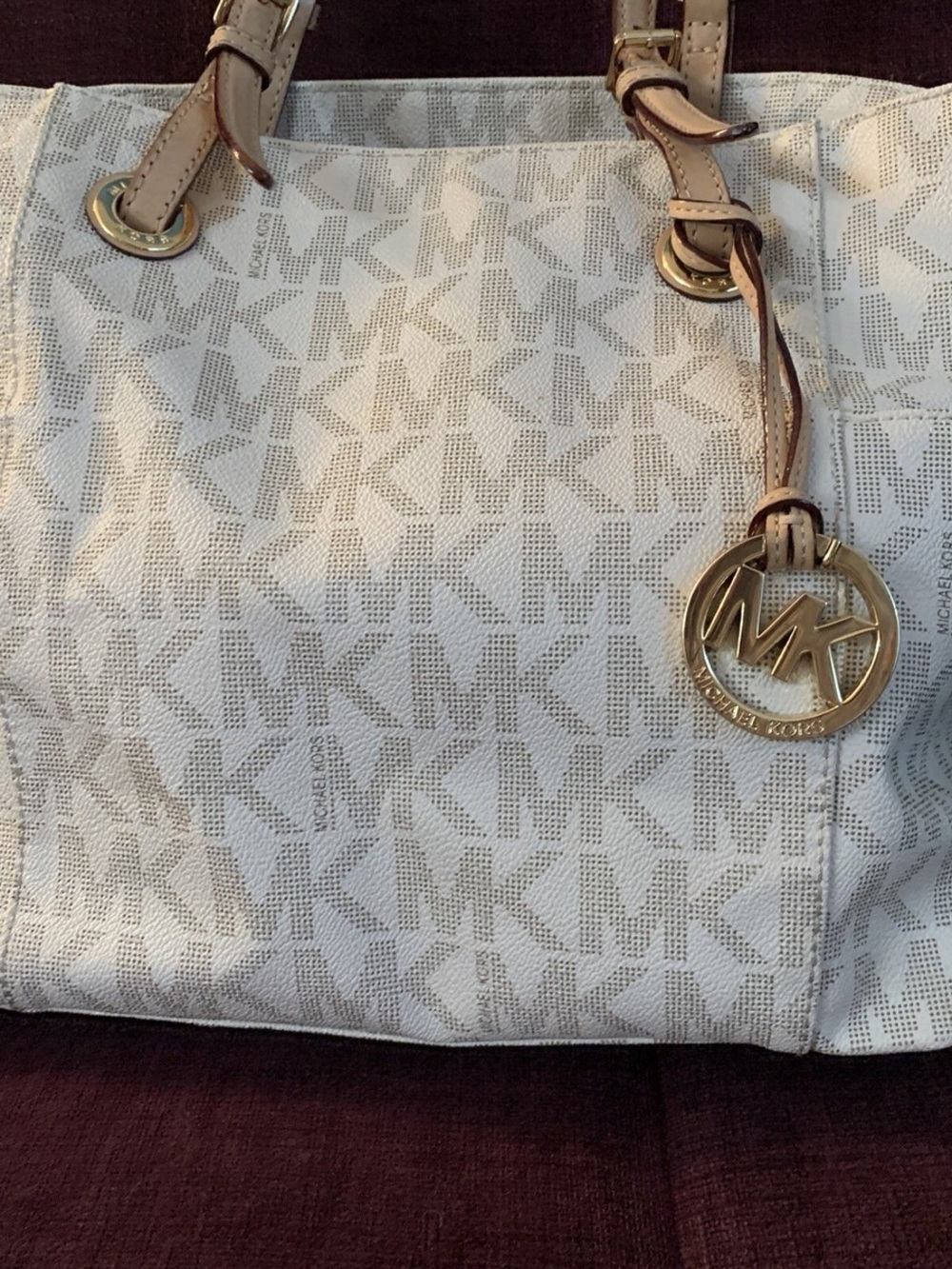 Michael Kors Cream and Tan MK Logo Tote with Gold Charm - Picture 2 of 2